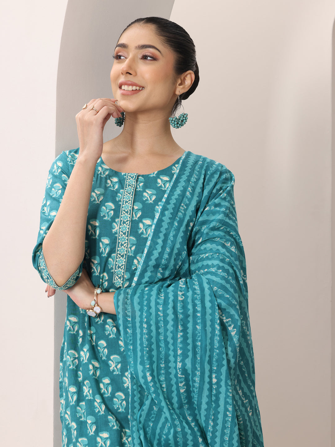 Teal Printed Cotton Straight Suit Set With Dupatta