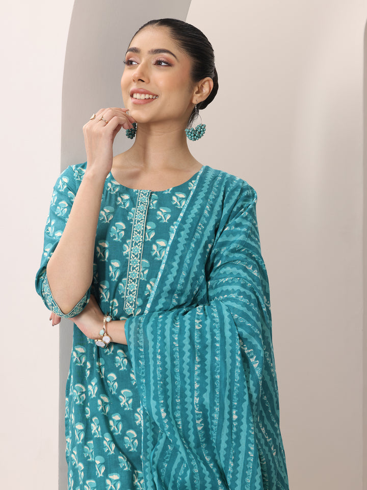 Teal Printed Cotton Straight Suit Set With Dupatta