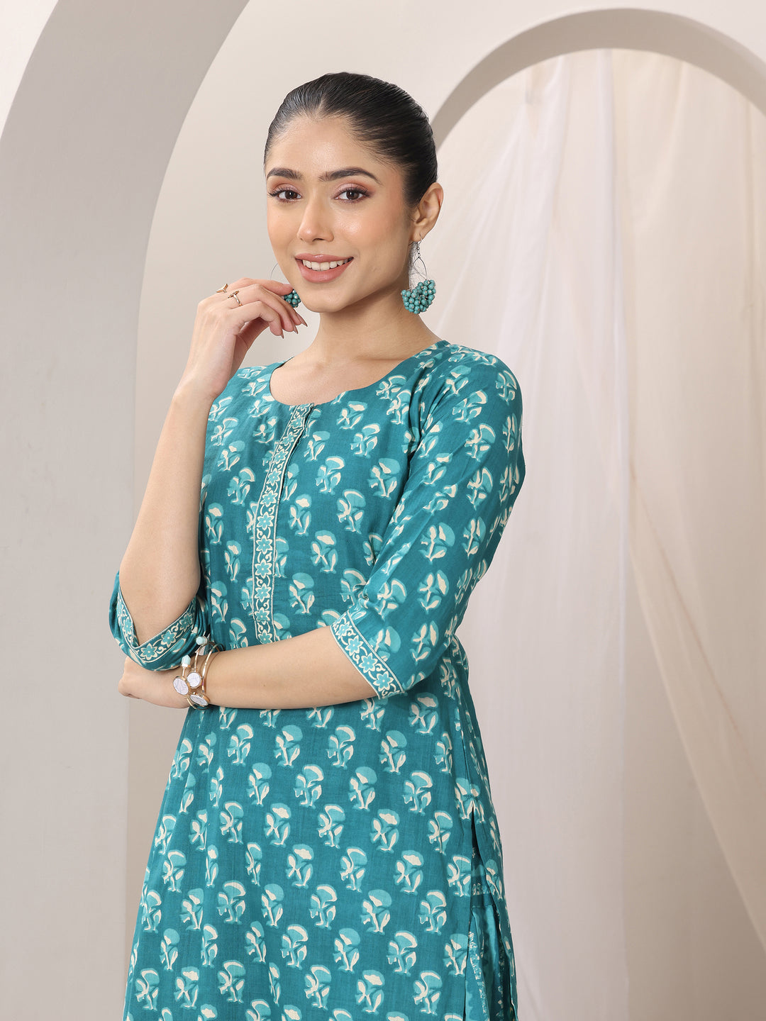 Teal Printed Cotton Straight Suit Set With Dupatta