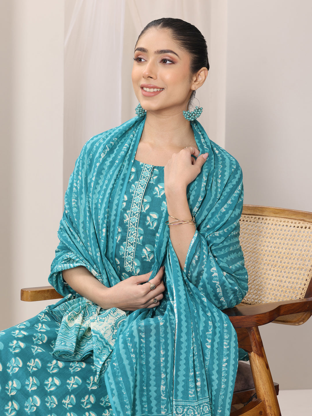 Teal Printed Cotton Straight Suit Set With Dupatta