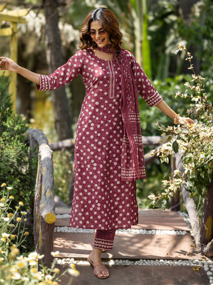 Rust Printed Cotton Straight Suit Set With Dupatta
