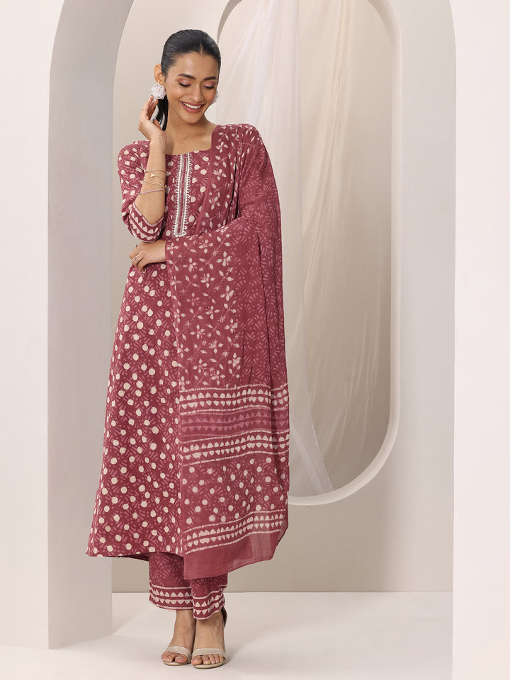 Rust Printed Cotton Straight Suit Set With Dupatta