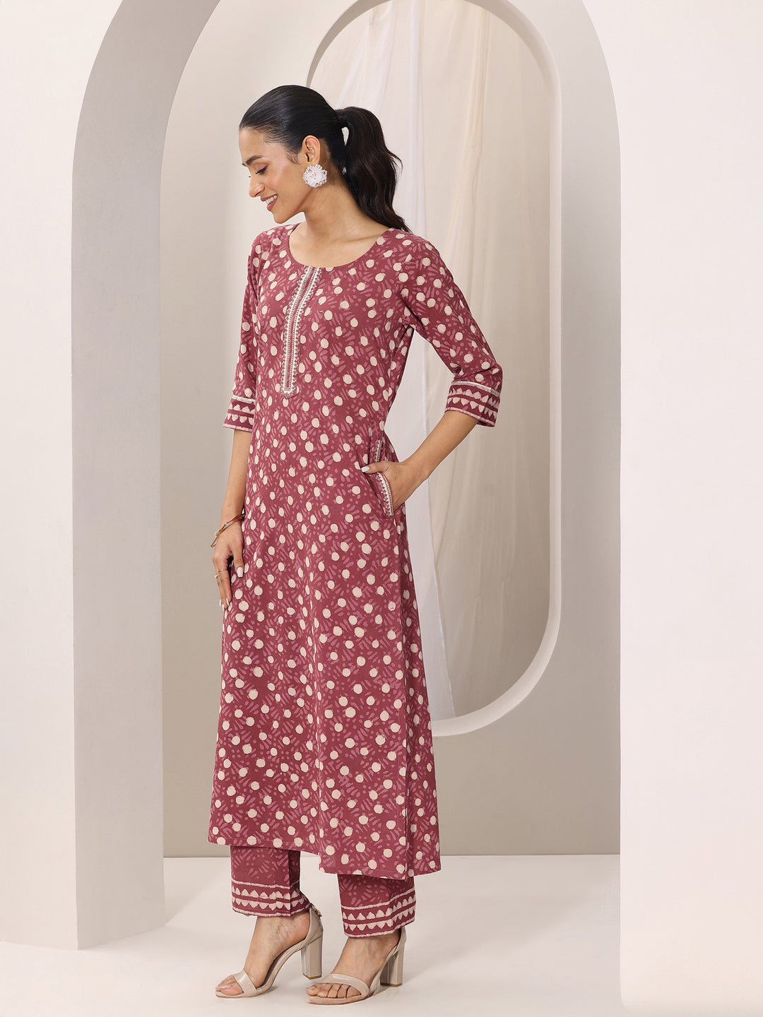 Rust Printed Cotton Straight Suit Set With Dupatta