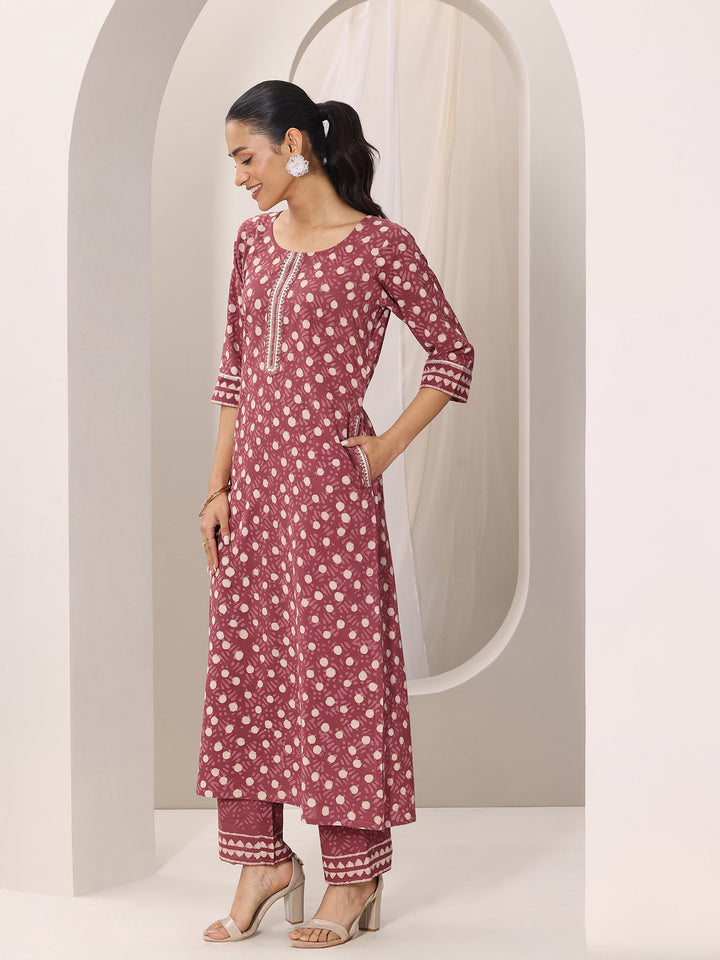 Rust Printed Cotton Straight Suit Set With Dupatta
