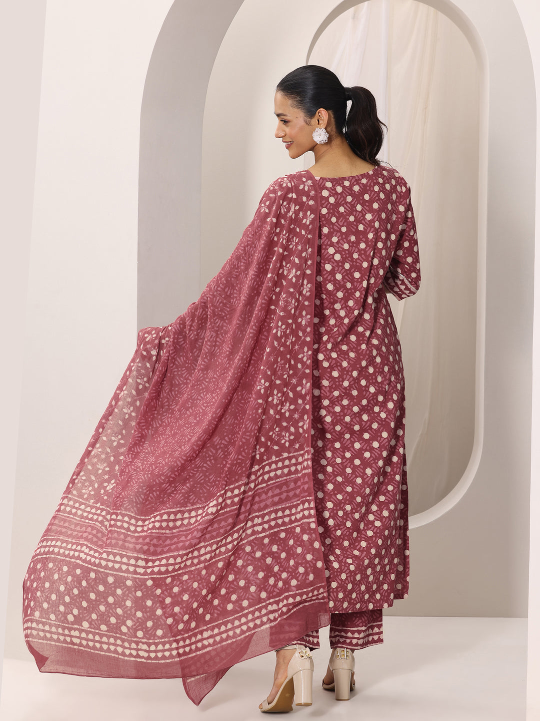 Rust Printed Cotton Straight Suit Set With Dupatta
