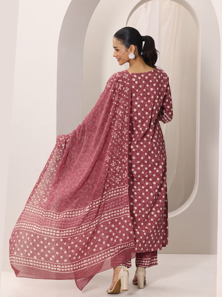 Rust Printed Cotton Straight Suit Set With Dupatta