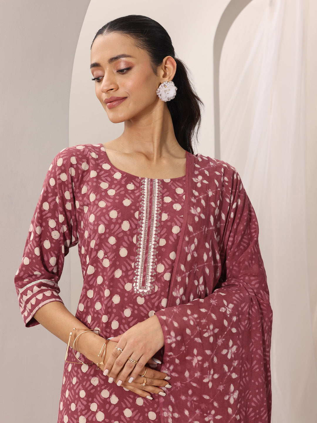 Rust Printed Cotton Straight Suit Set With Dupatta