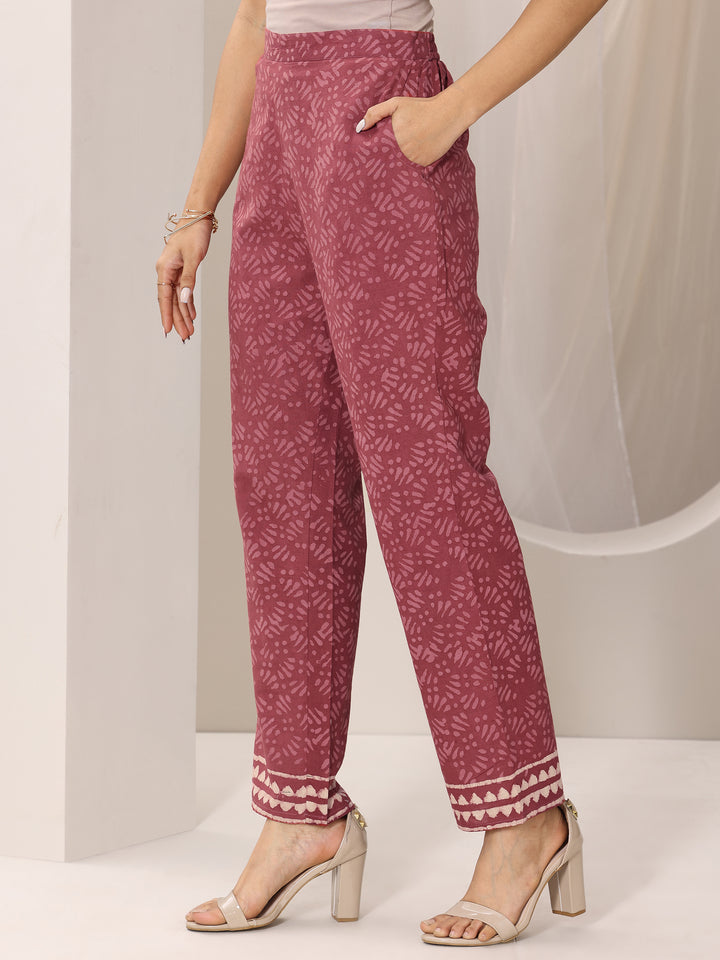 Rust Printed Cotton Straight Suit Set With Dupatta