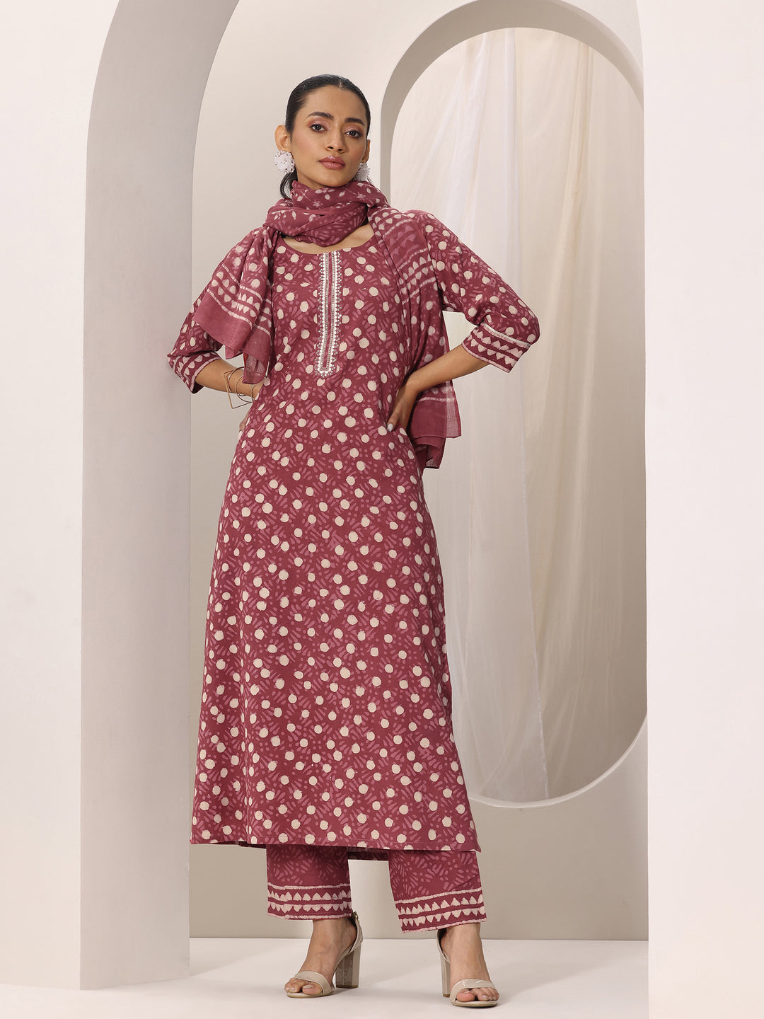 Rust Printed Cotton Straight Suit Set With Dupatta