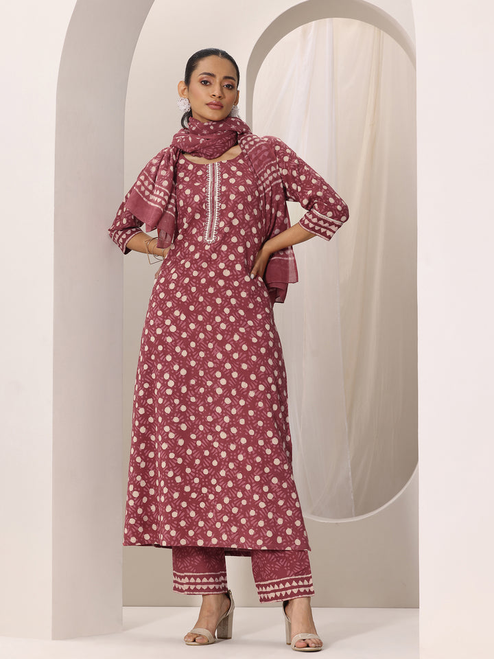 Rust Printed Cotton Straight Suit Set With Dupatta