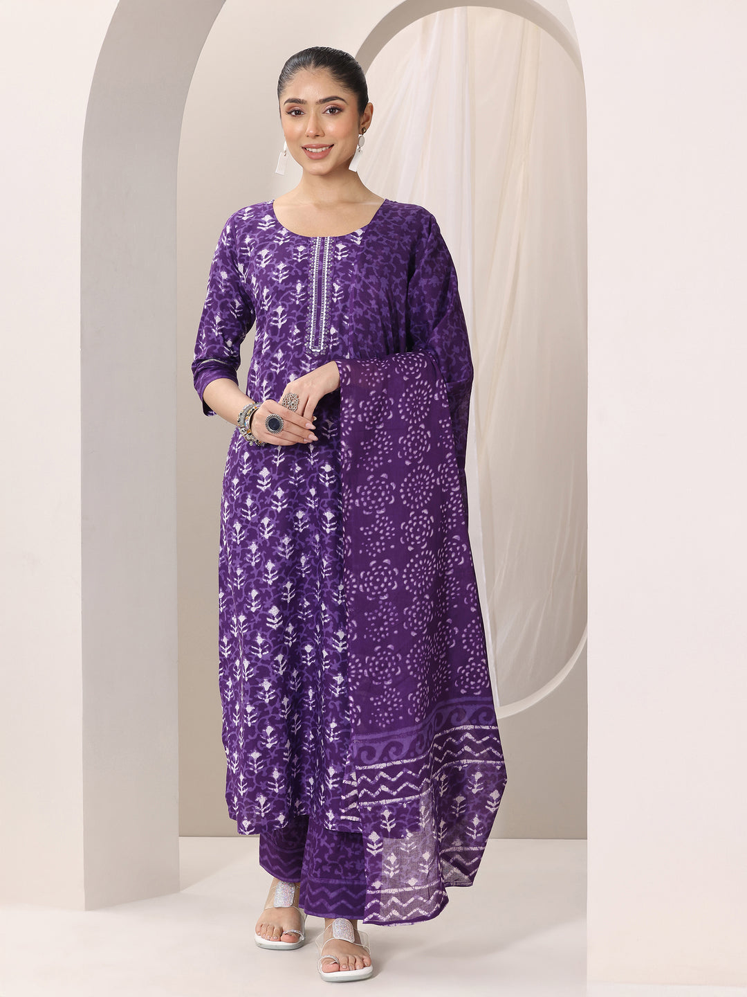 Purple Printed Cotton Straight Suit Set With Dupatta