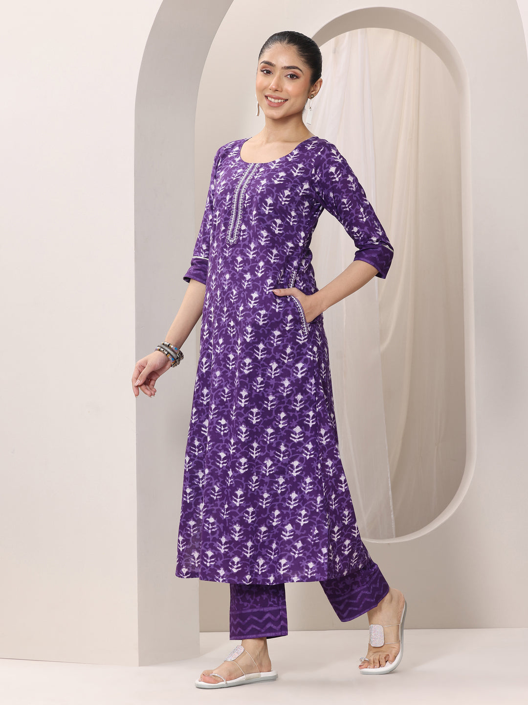 Purple Printed Cotton Straight Suit Set With Dupatta