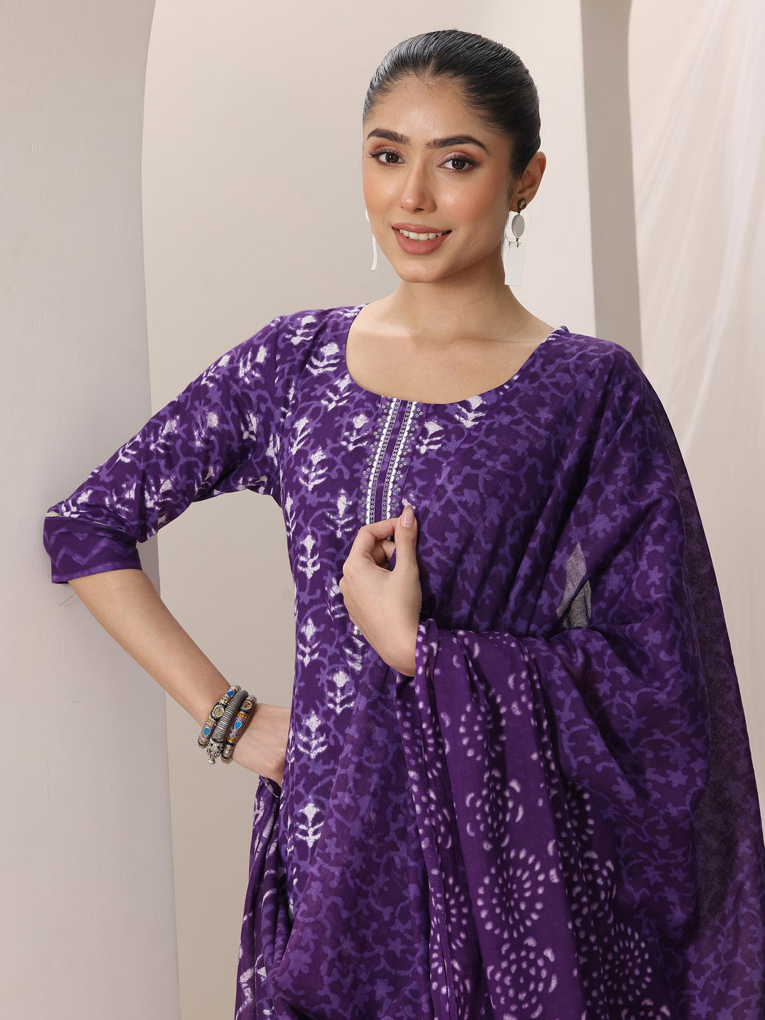 Purple Printed Cotton Straight Suit Set With Dupatta