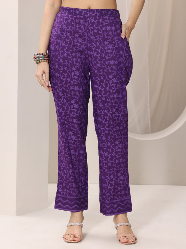 Purple Printed Cotton Straight Suit Set With Dupatta