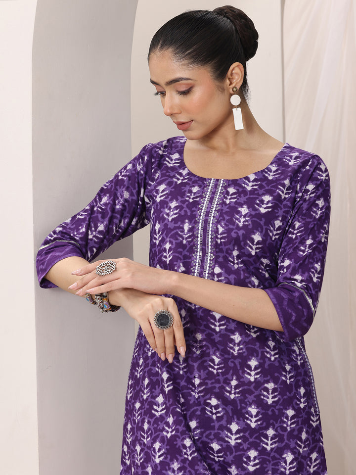 Purple Printed Cotton Straight Suit Set With Dupatta