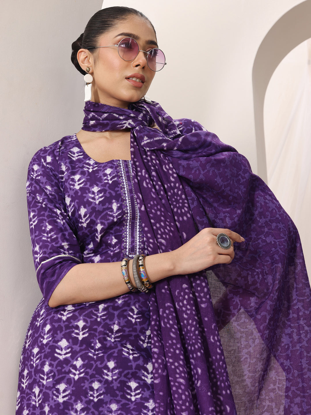 Purple Printed Cotton Straight Suit Set With Dupatta