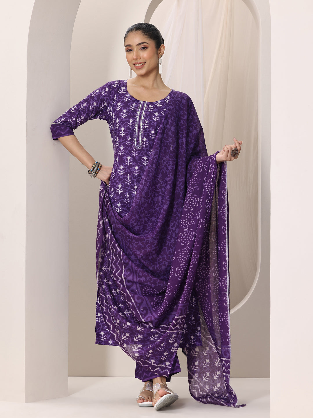 Purple Printed Cotton Straight Suit Set With Dupatta