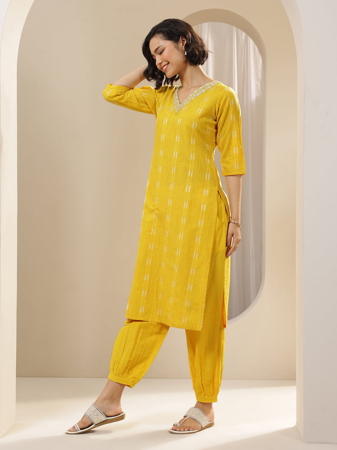 Yellow Self Design Cotton Blend Straight Suit Sets With Dupatta