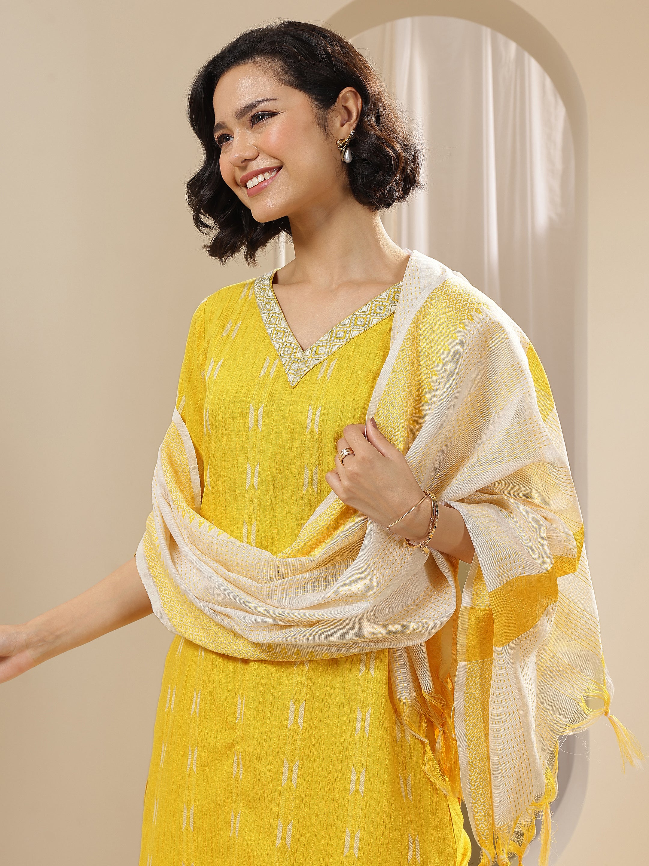Yellow Embroidered Cotton Blend Straight Suit Set With Dupatta
