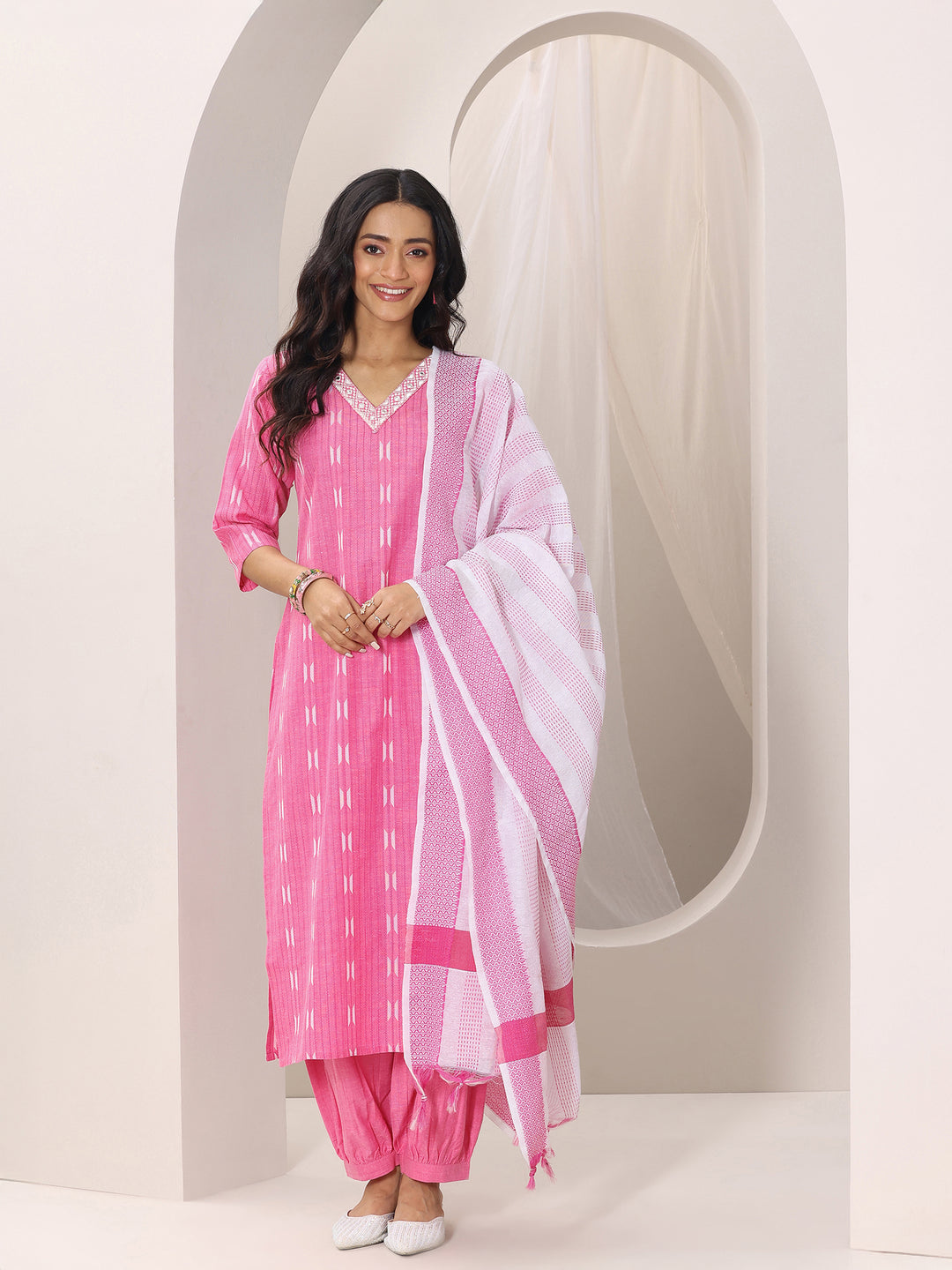 Pink Woven Design Cotton Blend Straight Suit Set With Dupatta