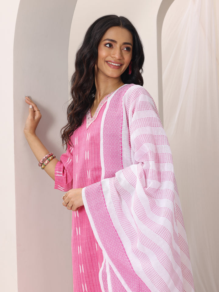 Pink Woven Design Cotton Blend Straight Suit Set With Dupatta