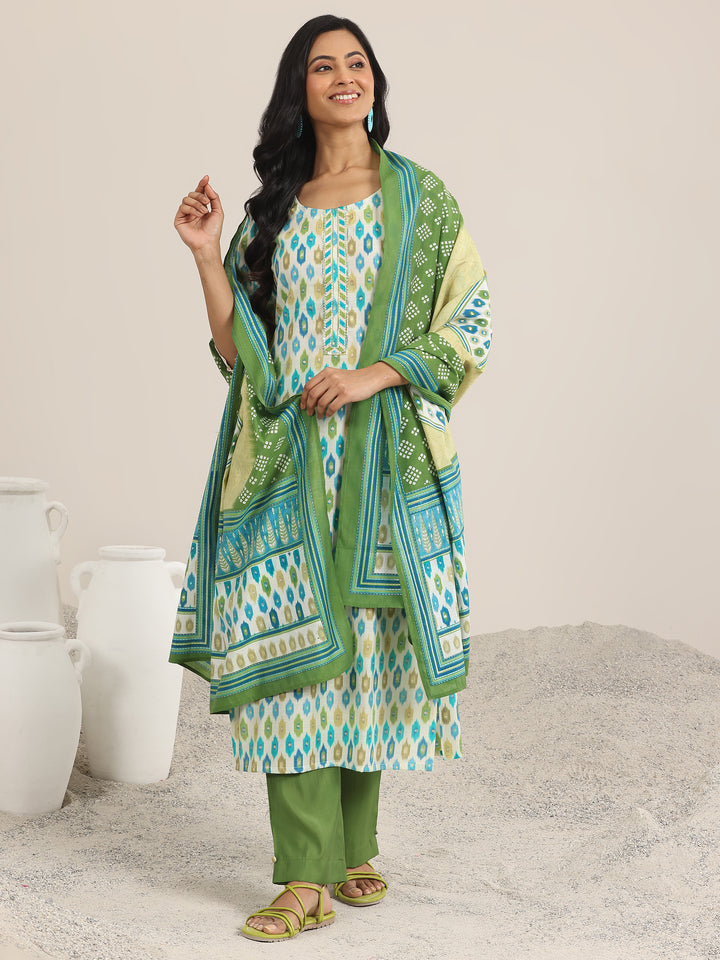 Green Printed Silk Blend Straight Suit With Dupatta