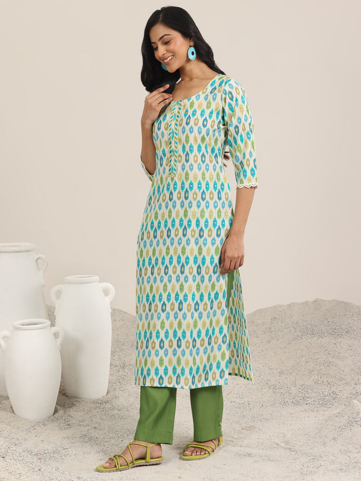 Green Printed Silk Blend Straight Suit With Dupatta