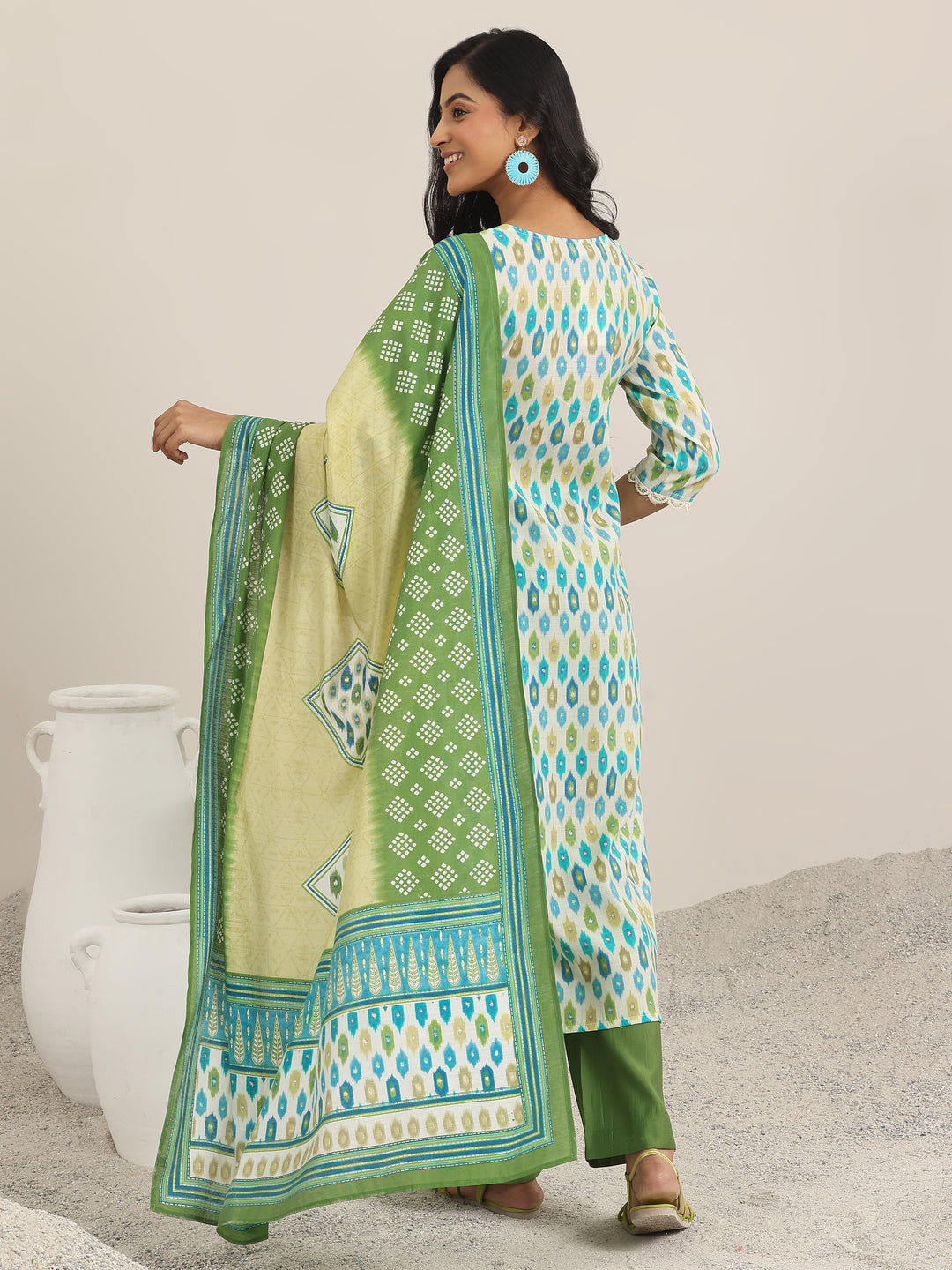 Green Printed Silk Blend Straight Suit With Dupatta