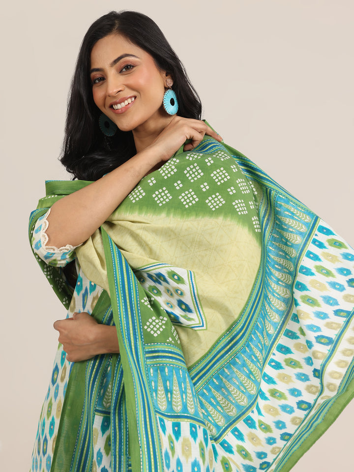 Green Printed Silk Blend Straight Suit With Dupatta