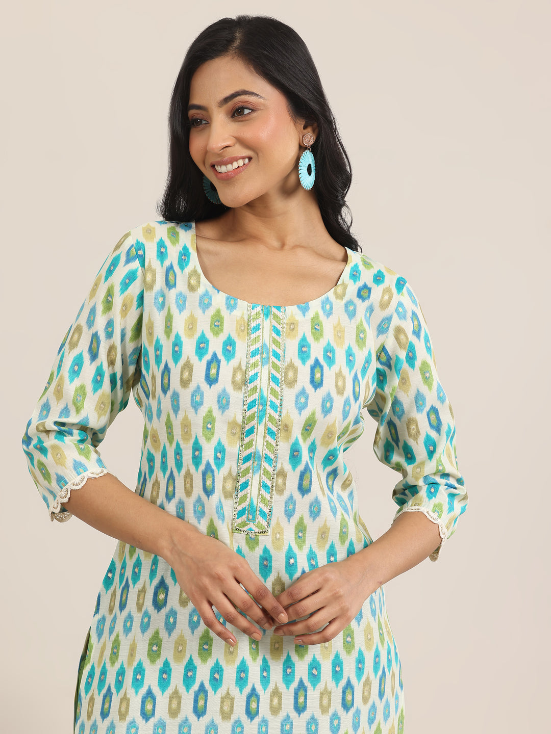 Green Printed Silk Blend Straight Suit With Dupatta