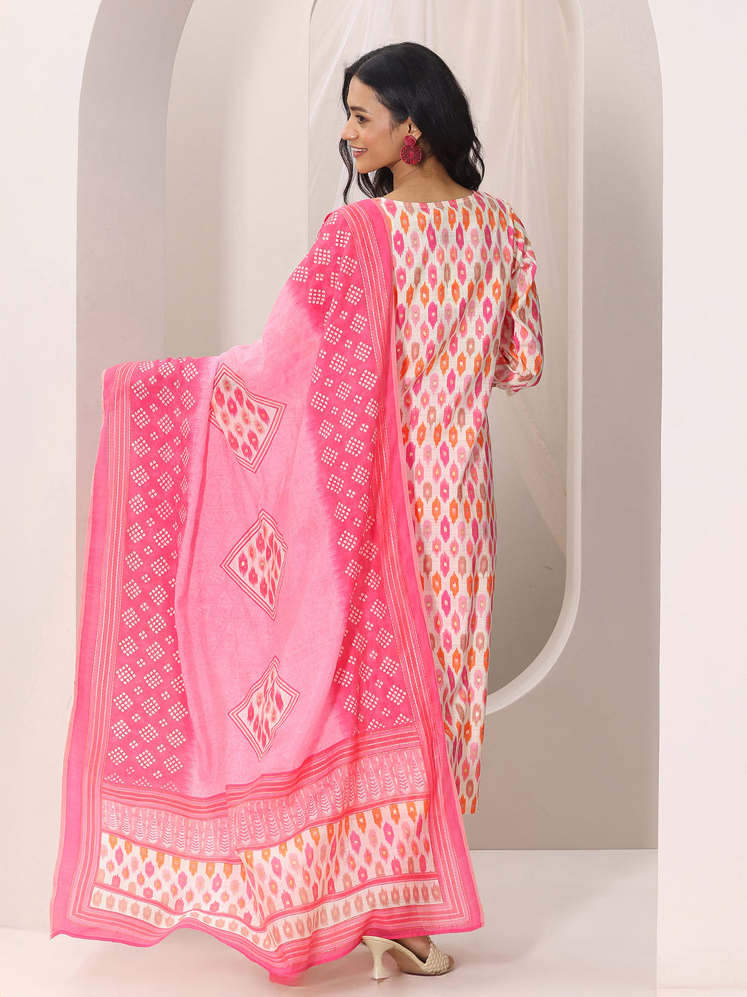 Pink Printed Silk Blend Straight Suit Set With Dupatta