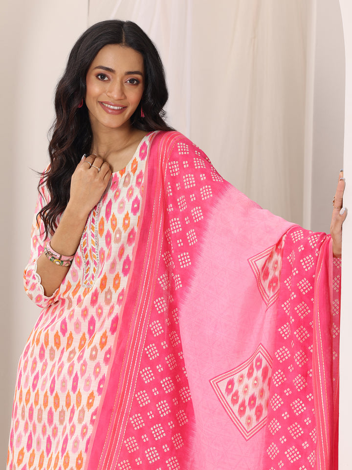 Pink Printed Silk Blend Straight Suit Set With Dupatta