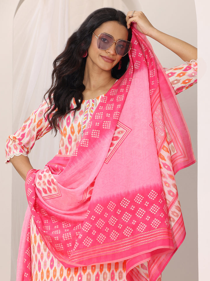 Pink Printed Silk Blend Straight Suit Set With Dupatta