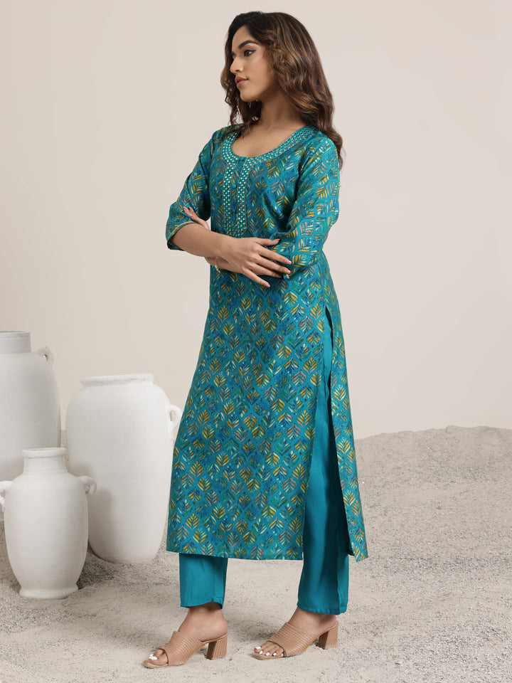 Blue Printed Silk Blend Straight Suit Set With Dupatta