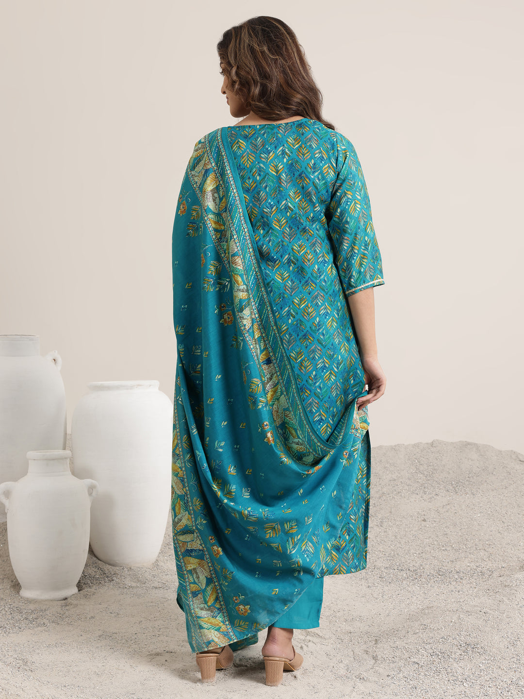 Blue Printed Silk Blend Straight Suit Set With Dupatta