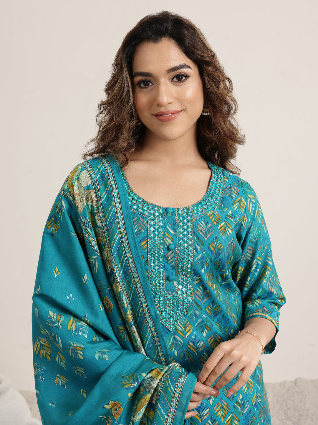 Blue Printed Silk Blend Straight Suit Set With Dupatta