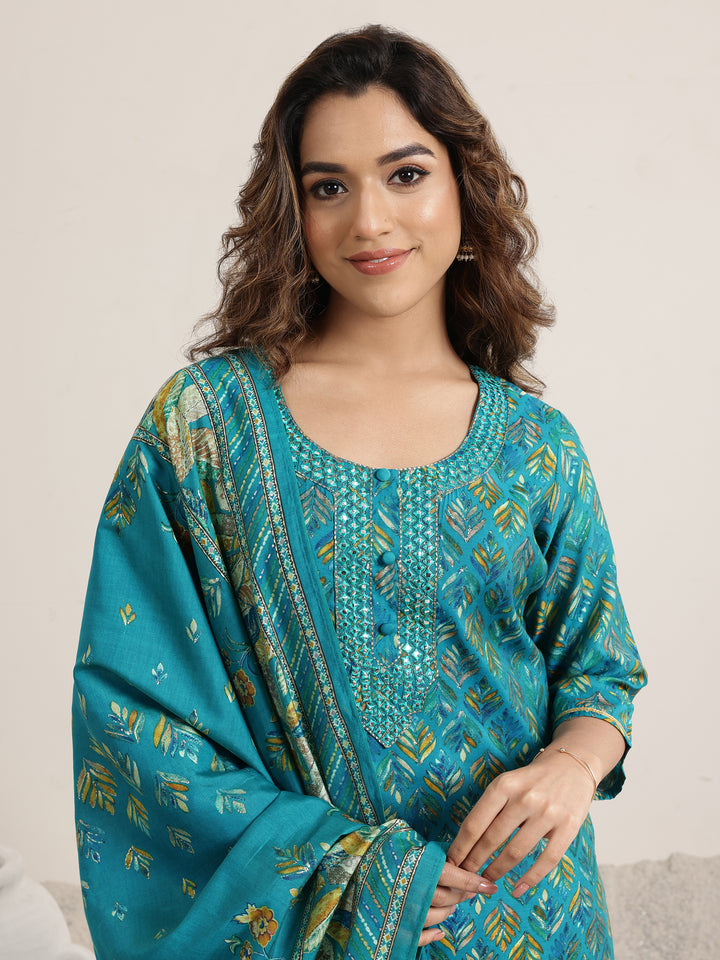 Blue Printed Silk Blend Straight Suit Set With Dupatta