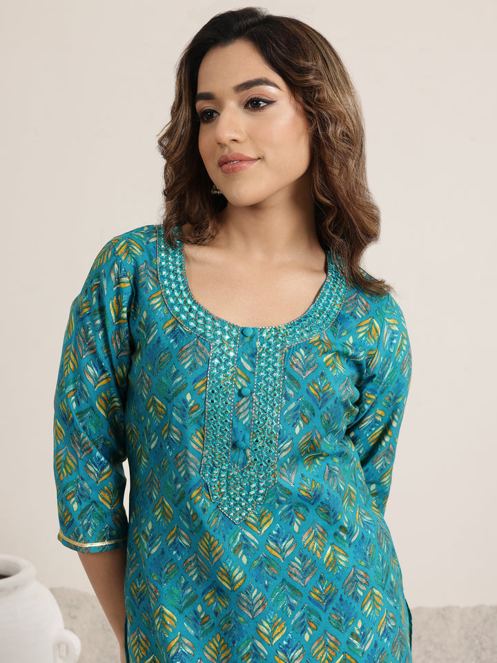 Blue Printed Silk Blend Straight Suit Set With Dupatta