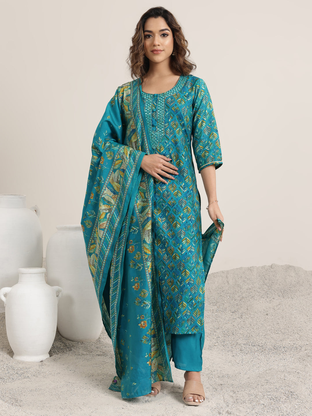 Blue Printed Silk Blend Straight Suit Set With Dupatta