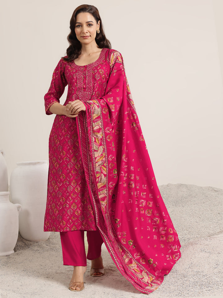 Pink Printed Silk Blend Straight Suit Set With Dupatta