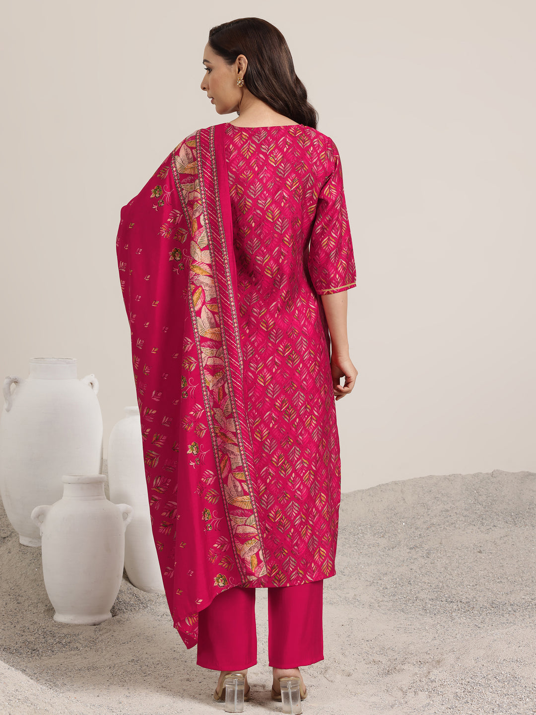 Pink Printed Silk Blend Straight Suit Set With Dupatta