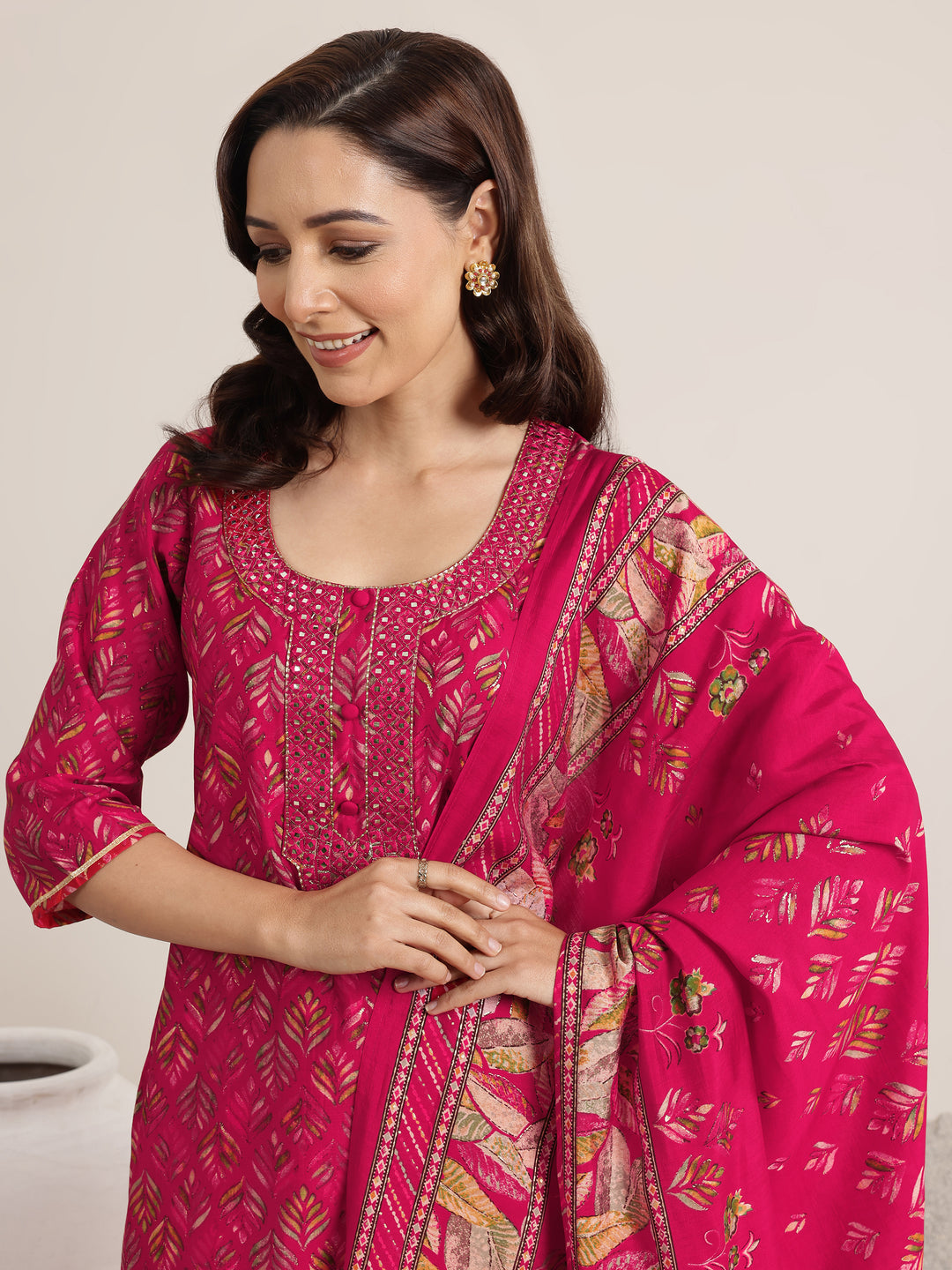 Pink Printed Silk Blend Straight Suit Set With Dupatta