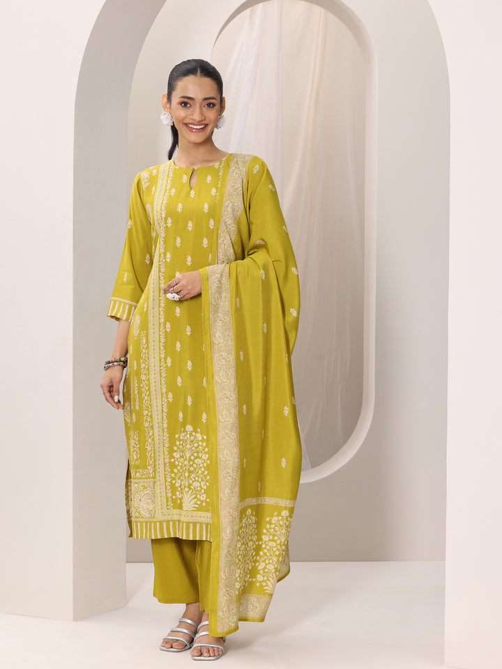 Mustard Printed Silk Blend Straight Suit Set With Dupatta