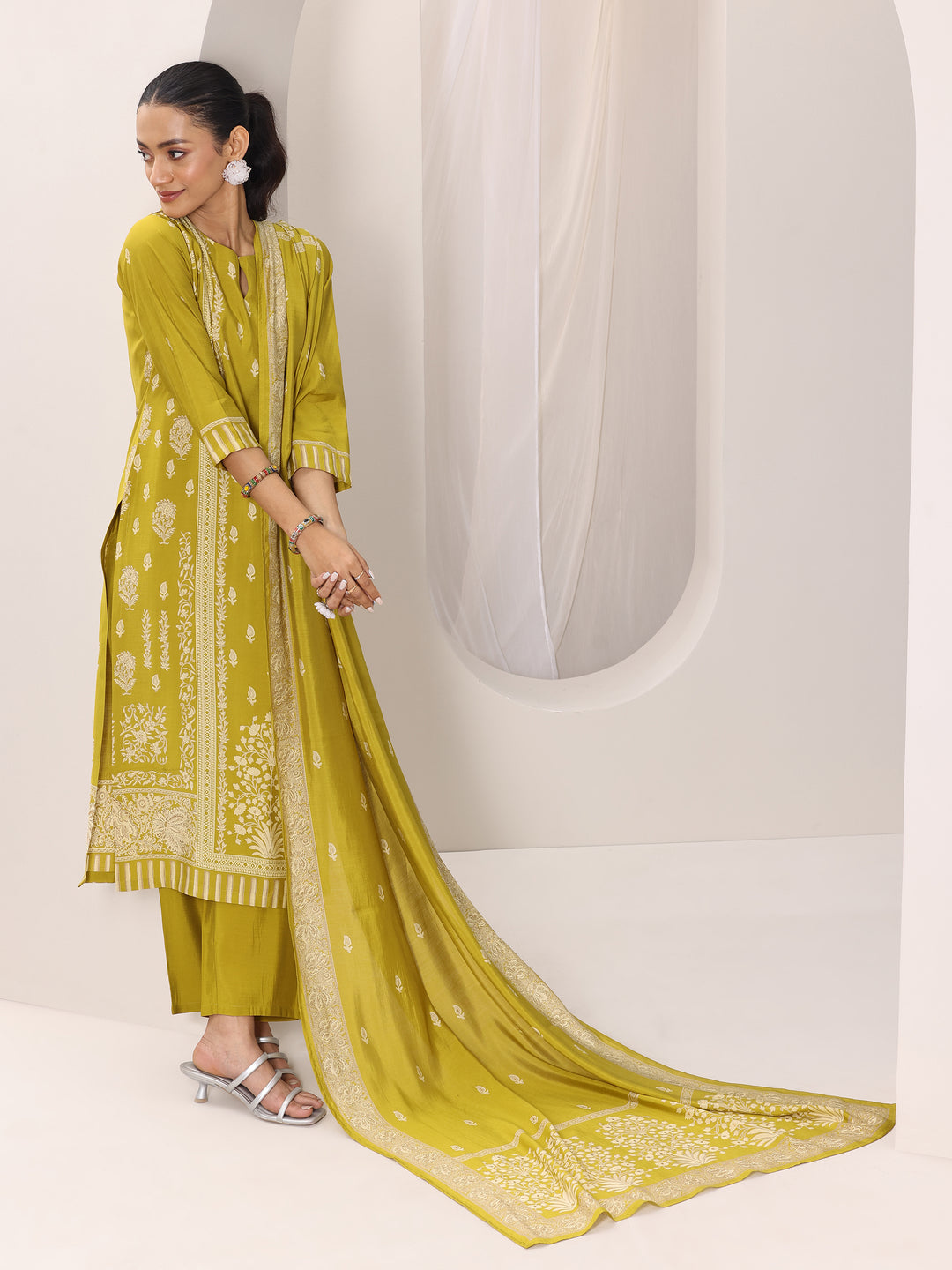 Mustard Printed Silk Blend Straight Suit Set With Dupatta