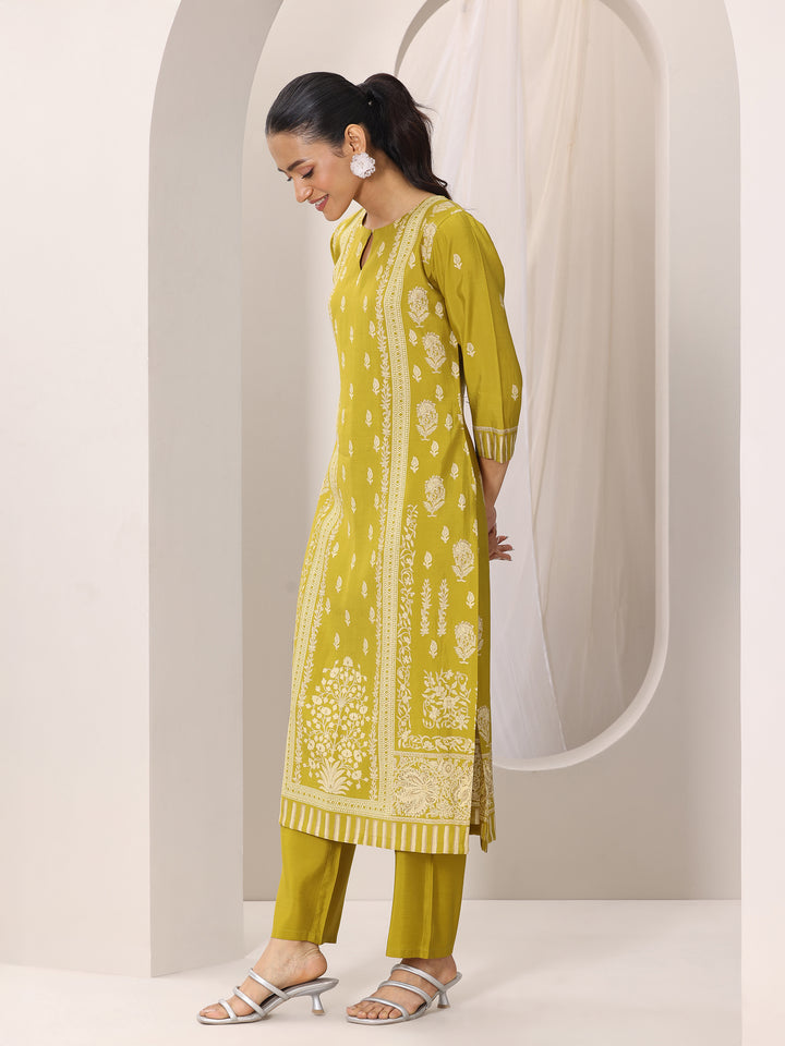 Mustard Printed Silk Blend Straight Suit Set With Dupatta