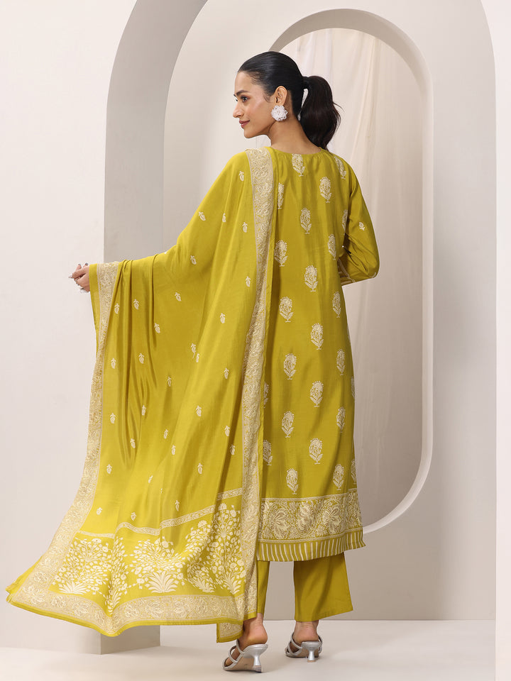 Mustard Printed Silk Blend Straight Suit Set With Dupatta