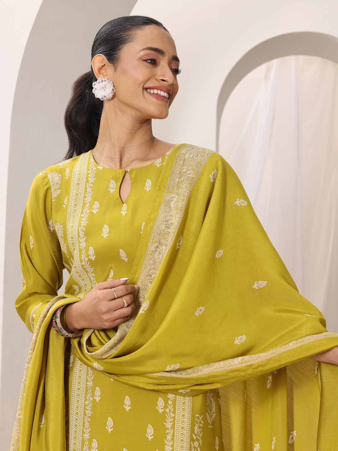 Mustard Printed Silk Blend Straight Suit Set With Dupatta