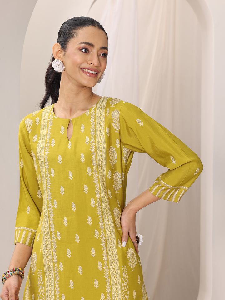 Mustard Printed Silk Blend Straight Suit Set With Dupatta