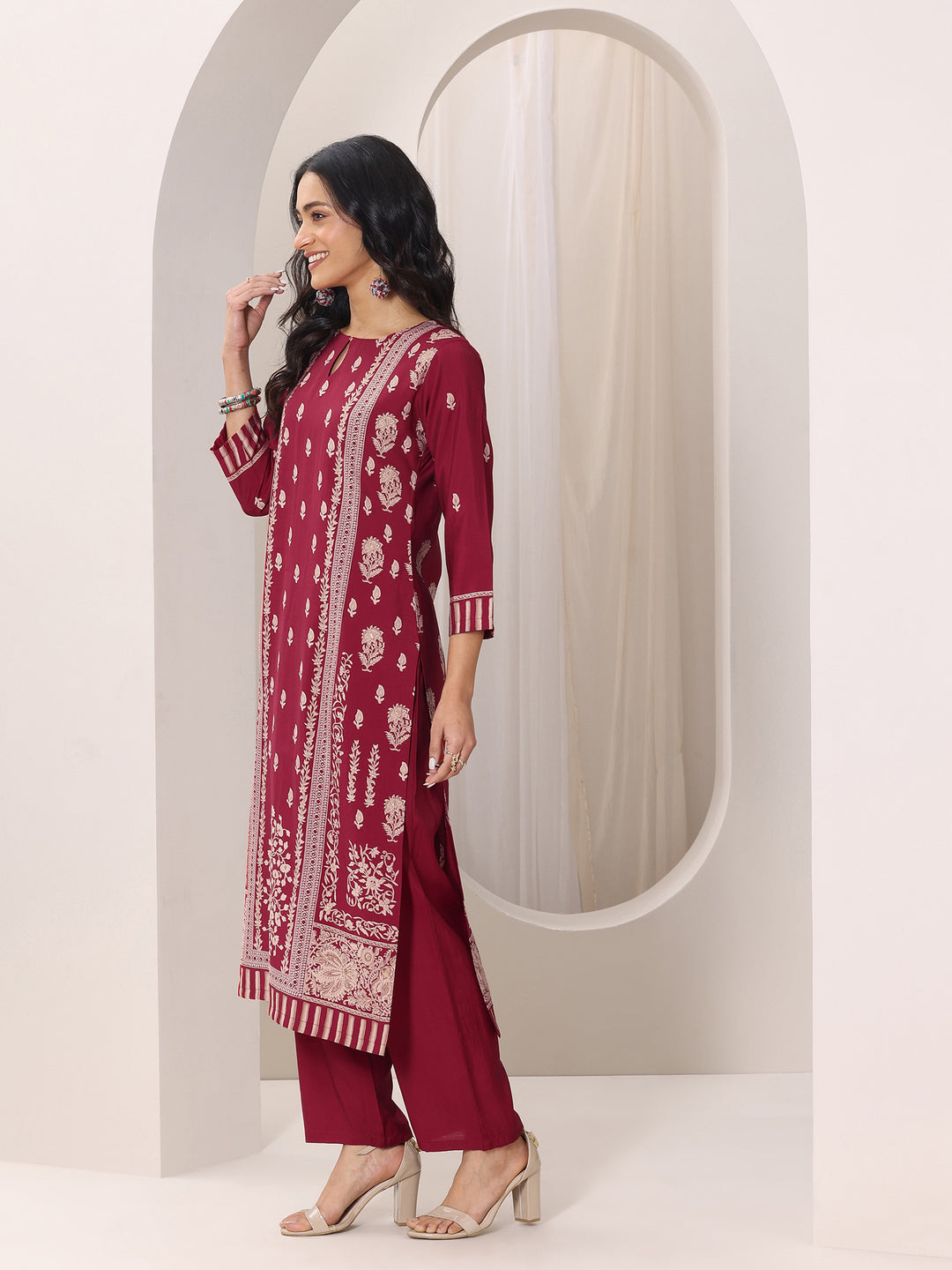 Red Printed Silk Blend Straight Suit Set With Dupatta