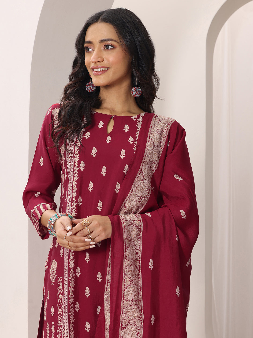 Red Printed Silk Blend Straight Suit Set With Dupatta